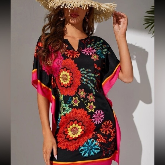Bohemian Floral Print Notched Neck Batwing Sleeve Midi Tunic Coverup Dress - Picture 1 of 8